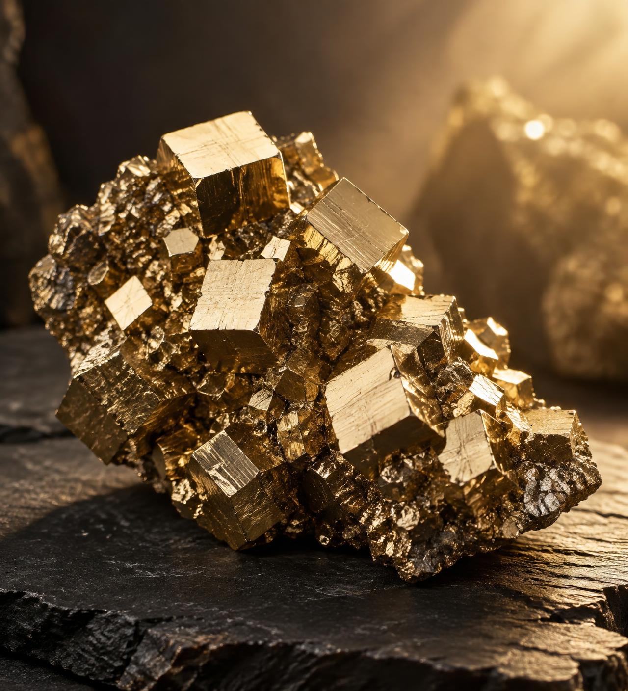 Natural golden pyrite cluster from Peru