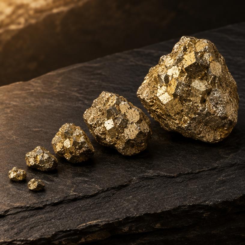 Raw pyrite stones of different sizes